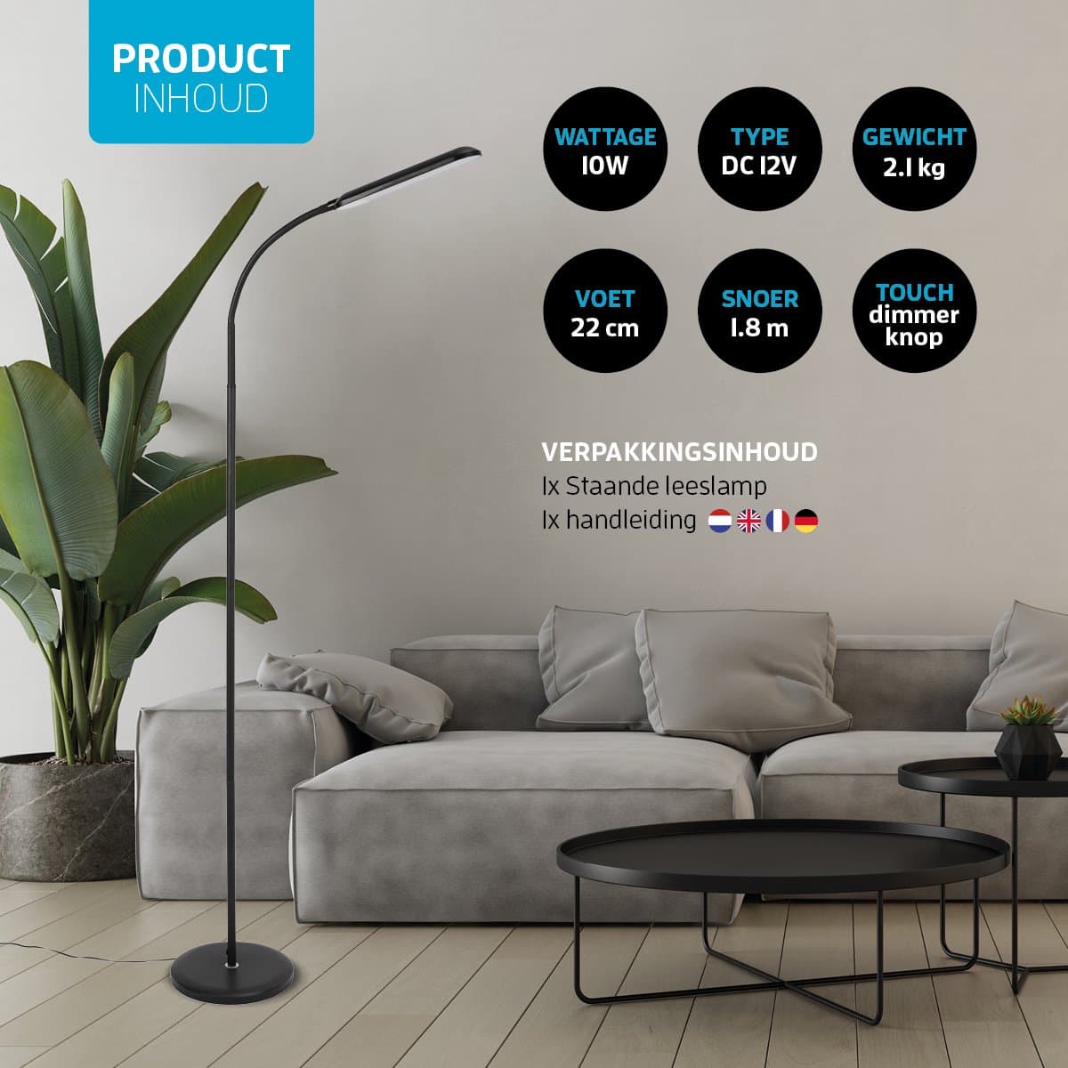 Varin® Design LED leeslamp ultra-plat - Zwart - Dimbaar - 3 Kleurtinten - 10W (eq. 75W) - 800 lumen - Vloerlamp woonkamer - Staande lamp slaapkamer - Modern - Lampen instelbaar - Touchknop - Flexibele hals - Daglichtlamp - Vloerlampen industrieel thumbnail 8