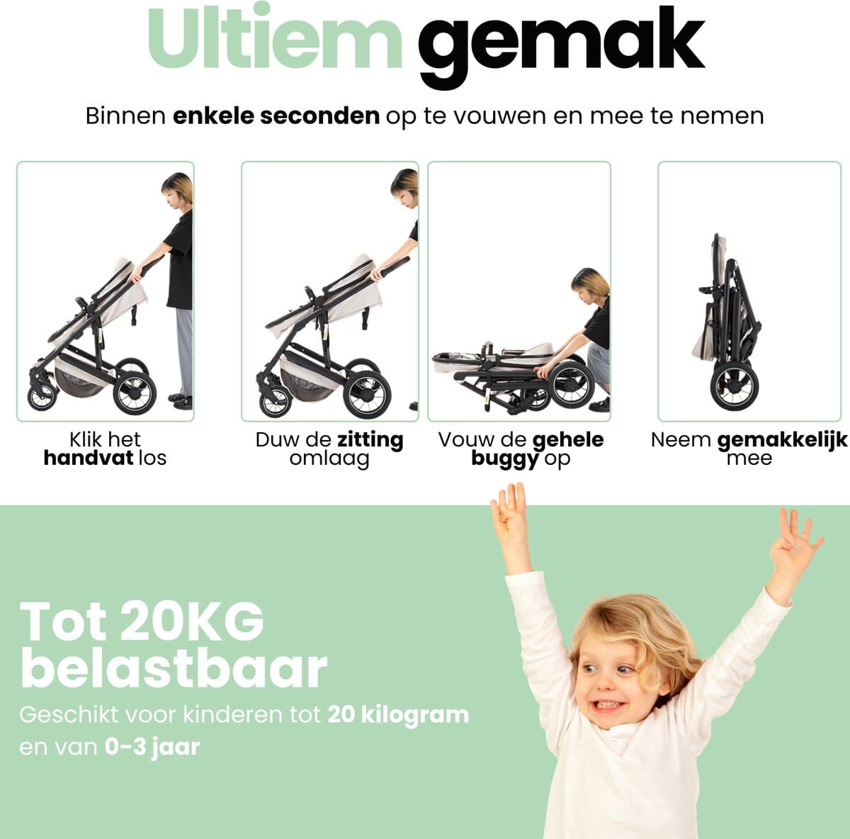 Lunola Luna - Kinderwagen 3-in-1 - incl. autostoel - 0-22kg - XXL - Wandelwagen - Multifunctionele Buggy 3in1 - Groen thumbnail 8