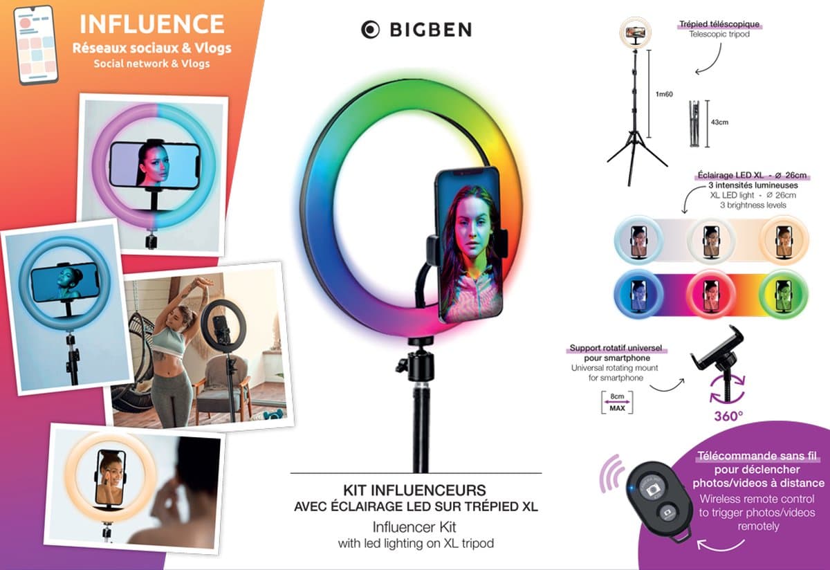Bigben Connected, Kit Influence XL Lichtring 26cm met Statief 1,6m, Wit thumbnail 3