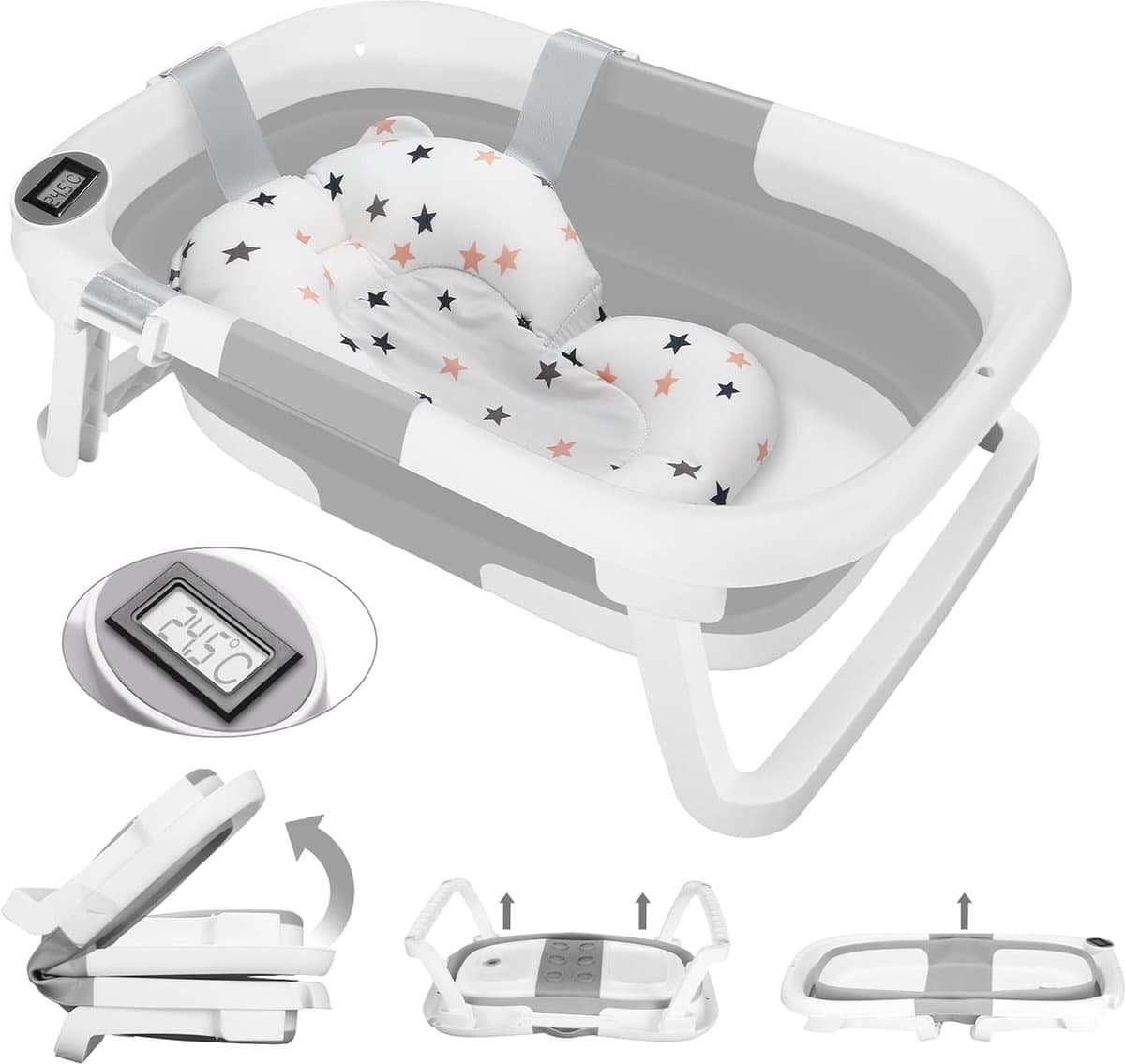 Opvouwbare babybadkuip met douchekopaansluiting en thermometer - Ruimtebesparend en ergonomisch babybadje voor 0-36 maanden