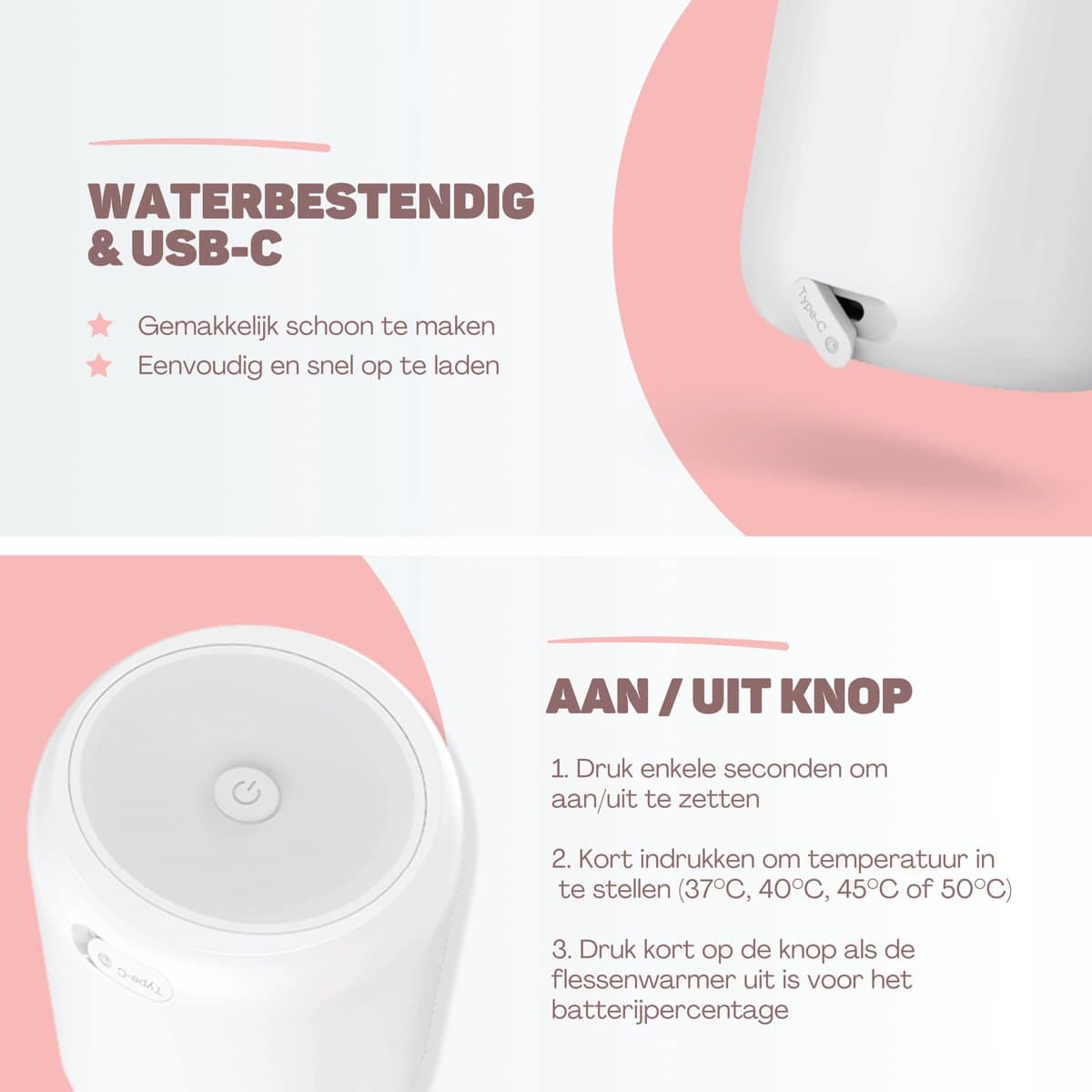 Vulpes Goods® BabyCare - Flessenwarmer Pro - Draagbare Baby Flessenwarmer voor Onderweg - Intelligente Flesverwarmer - 4 Temperatuurniveaus - Draadloos - Inclusief 6 Adapters - USB Oplaadbaar - 13.200 mAh - Wit thumbnail 3