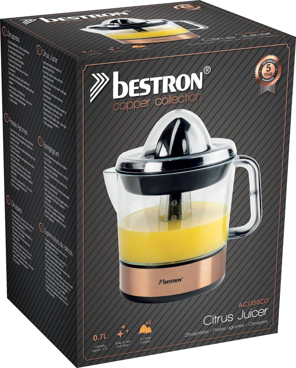 Bestron Citruspers Elektrisch - ACJ350CO - 40W - Incl. 2 perskegels, aromadeksel, sap reservoir - 0,7 Liter - Koper - 5 jaar garantie thumbnail 5