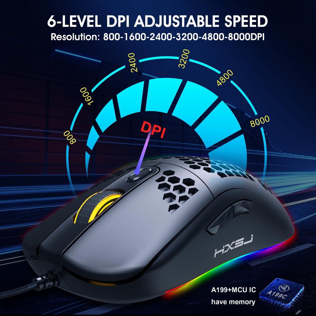 HXSJ X600 Optisch Gaming Muis - 8000DPI - Ultra licht - RGB Verlichting - Computermuizen - Compact Voor Onderweg - Zwart thumbnail 4