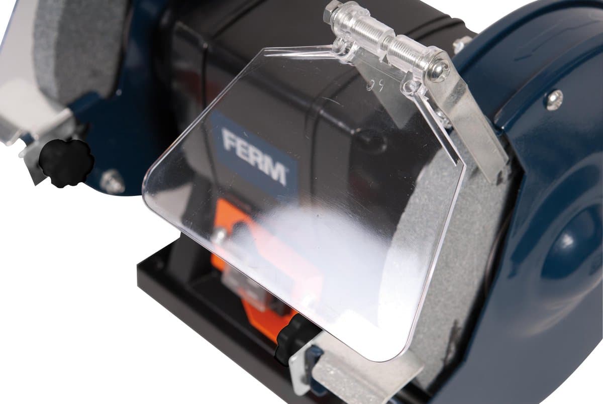 FERM - BGM1019 - Tafelslijpmachine - 2 - Slijpstenen - K36 - Grof - Slijpen - K60 - Afbramen - 150W - Stofdichte schakelaar - 2 - Vonkvangers - 2 - Leunspanen - Veiligheidsbril - Monteerbaar - op - Werkbank - Slijpen - Afbramen thumbnail 2