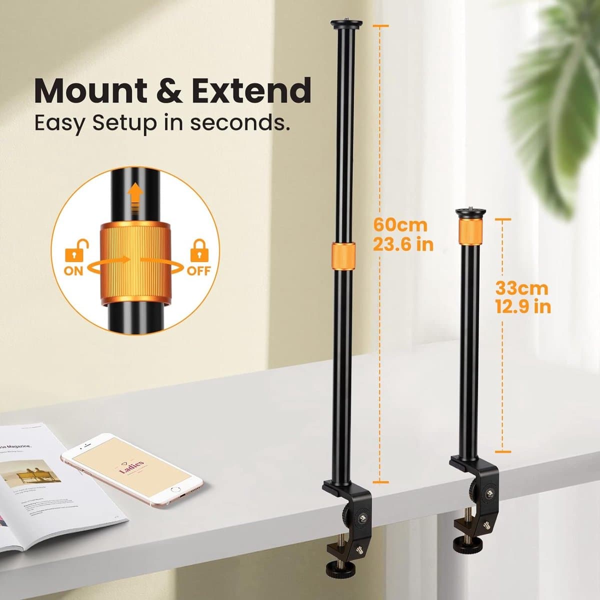 C-klem tafel standaard cameramontage met 1/4 inch schroef balhoofd - verstelbare verlengstang 33-60 cm - vlogging livestream fotografie - filmen - fotostudio licht thumbnail 4