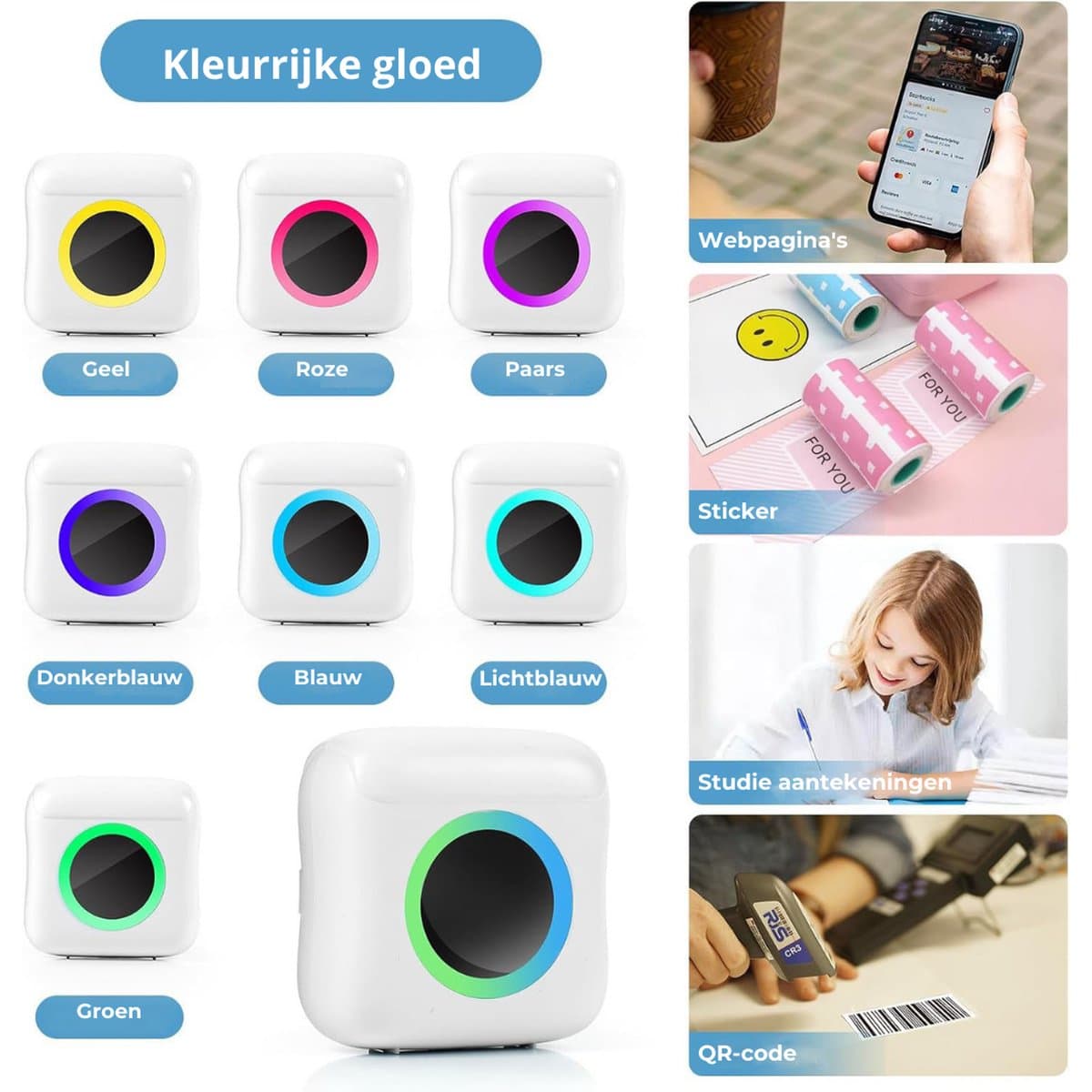Mini Printer – Inclusief Thermisch/Zelfklevend/Etiket-Papier, USB-kabel, Aquarelpen, Transparant Sticke – Foto Printer Draadloos – Mobiele Fotoprinter - Wit thumbnail 8