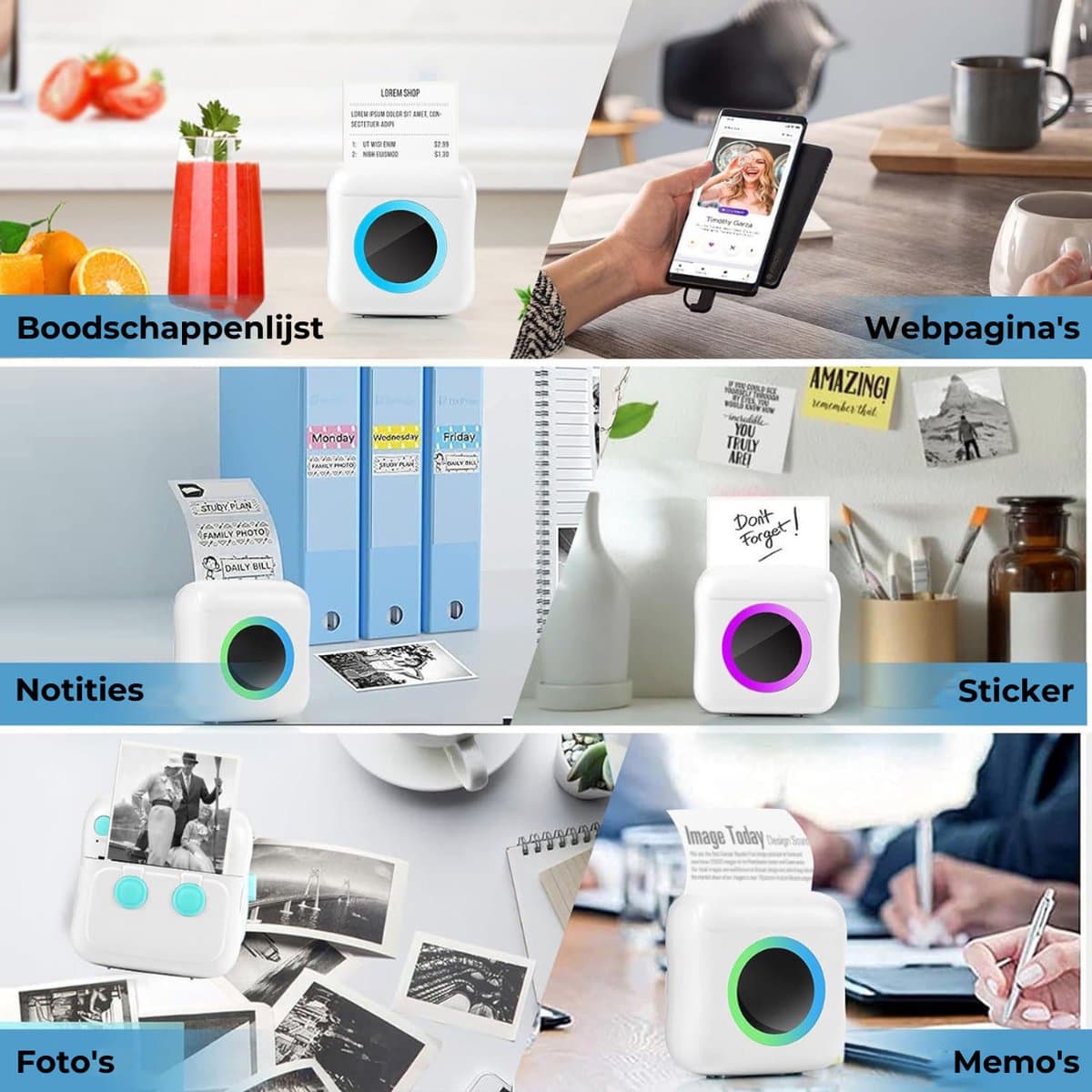Mini Printer – Inclusief Thermisch/Zelfklevend/Etiket-Papier, USB-kabel, Aquarelpen, Transparant Sticke – Foto Printer Draadloos – Mobiele Fotoprinter - Wit thumbnail 7