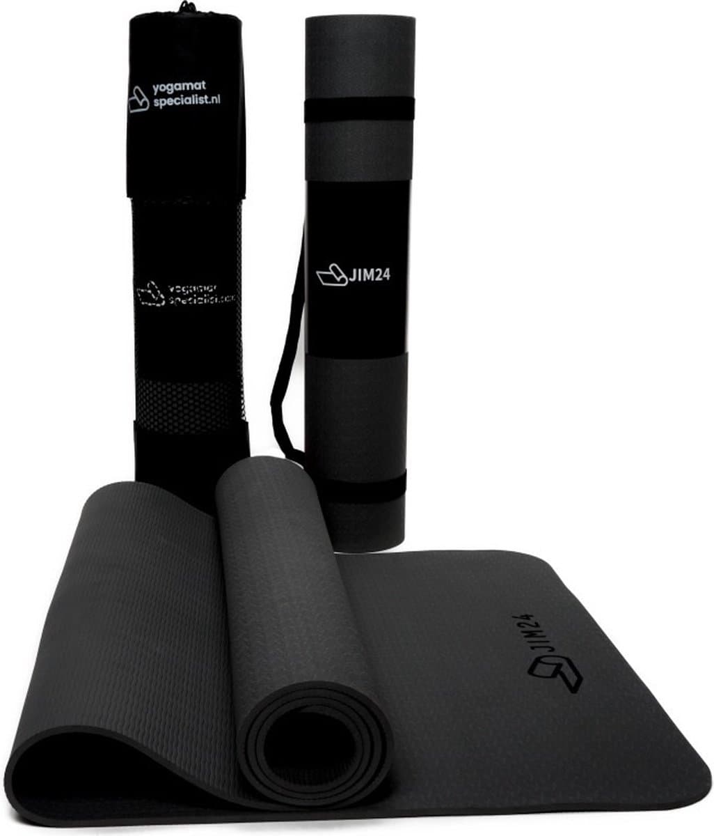 Jim24 Yogamat - Yoga Mat Antislip - Fitness Mat - Sportmat - Pilates Mat - Slijtvast - Extra Dikke Gym Mat - Duurzaam TPE - Incl. Draagtas en Riem - Zwart