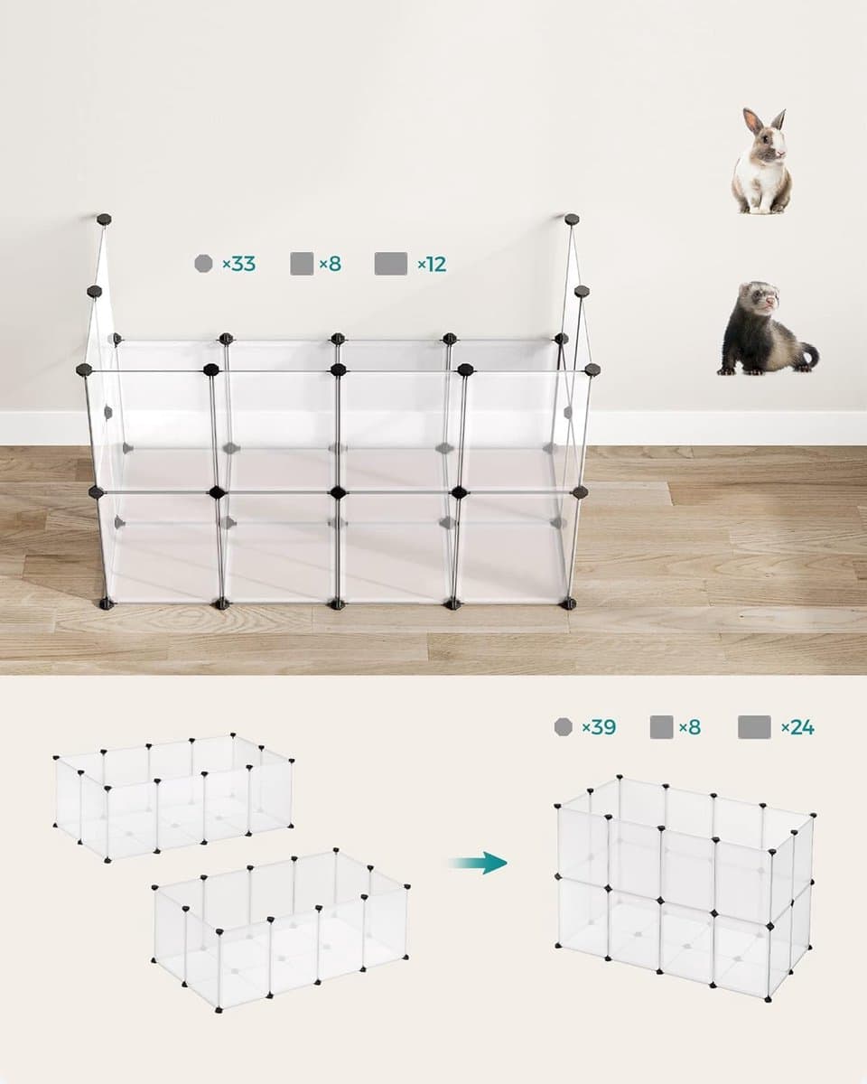 HMPC001W01 Dierenomheining voor kleine dieren, plastic kooi voor binnen, voor hamsters, konijnen, cavia's, 125 x 63 x 42 cm, wit thumbnail 4