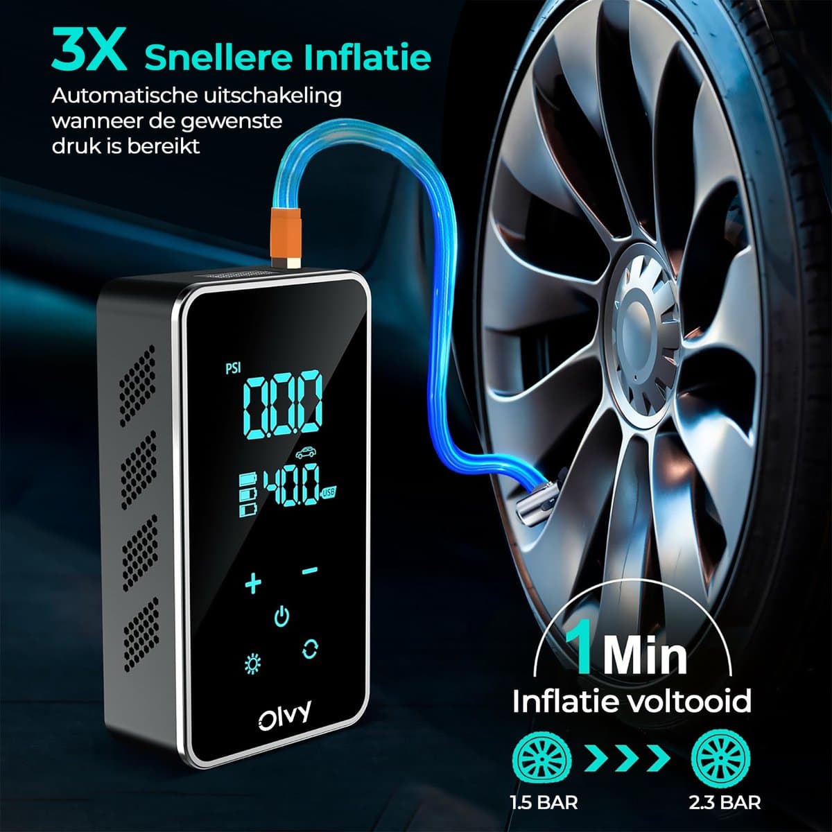 Olvy Compressor Bandenpomp - Elektrische Bandenpomp - Draagbare Luchtcompressor - 7000 mAh - Elektrische Fietspomp - Fiets/Auto/Motor/Bal/Luchtbed thumbnail 5