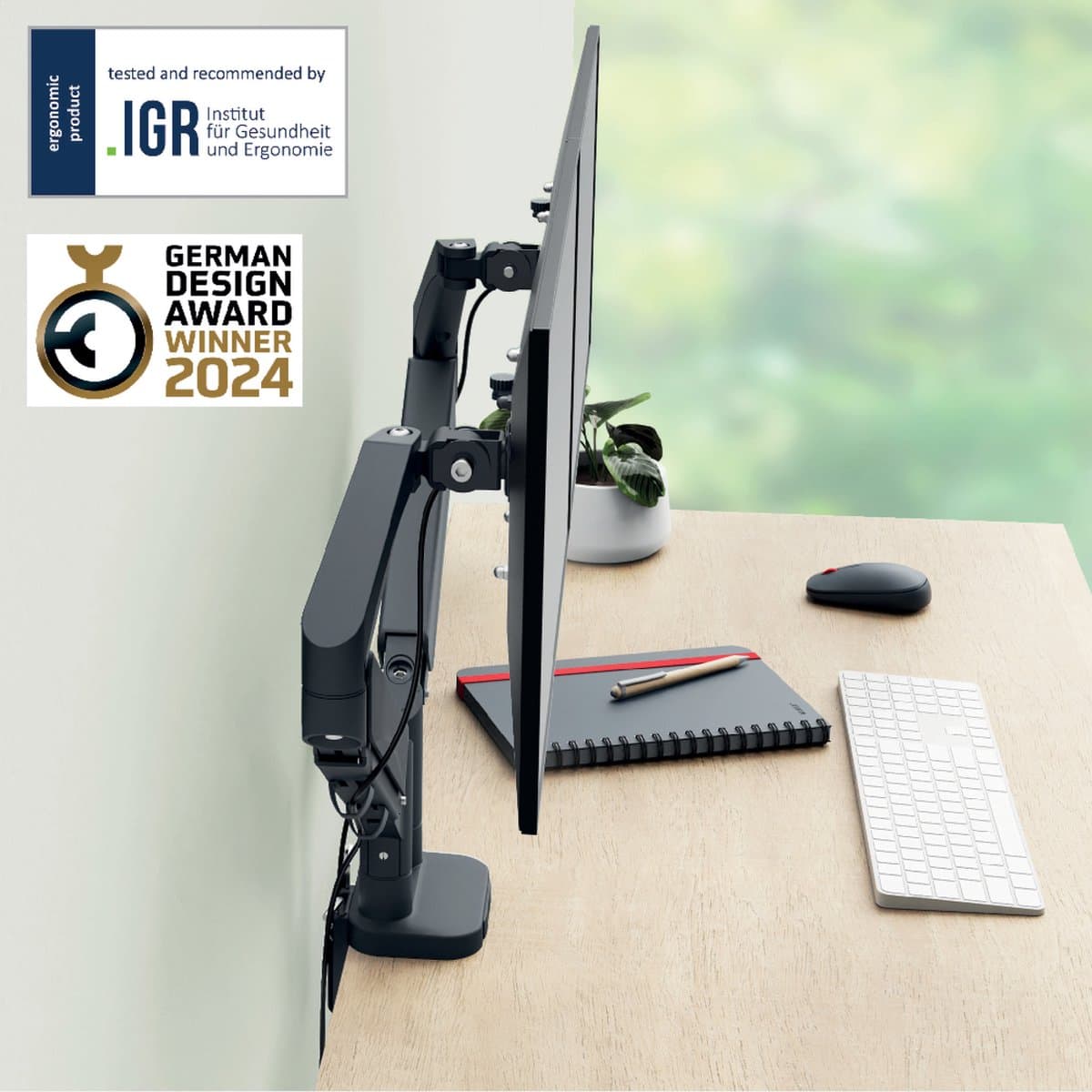 Leitz Ergo Ruimtebesparende Monitor arm - Tot 32" & 9kg - Voor 2 Schermen - Bureaubevestiging - Donkergrijs thumbnail 5