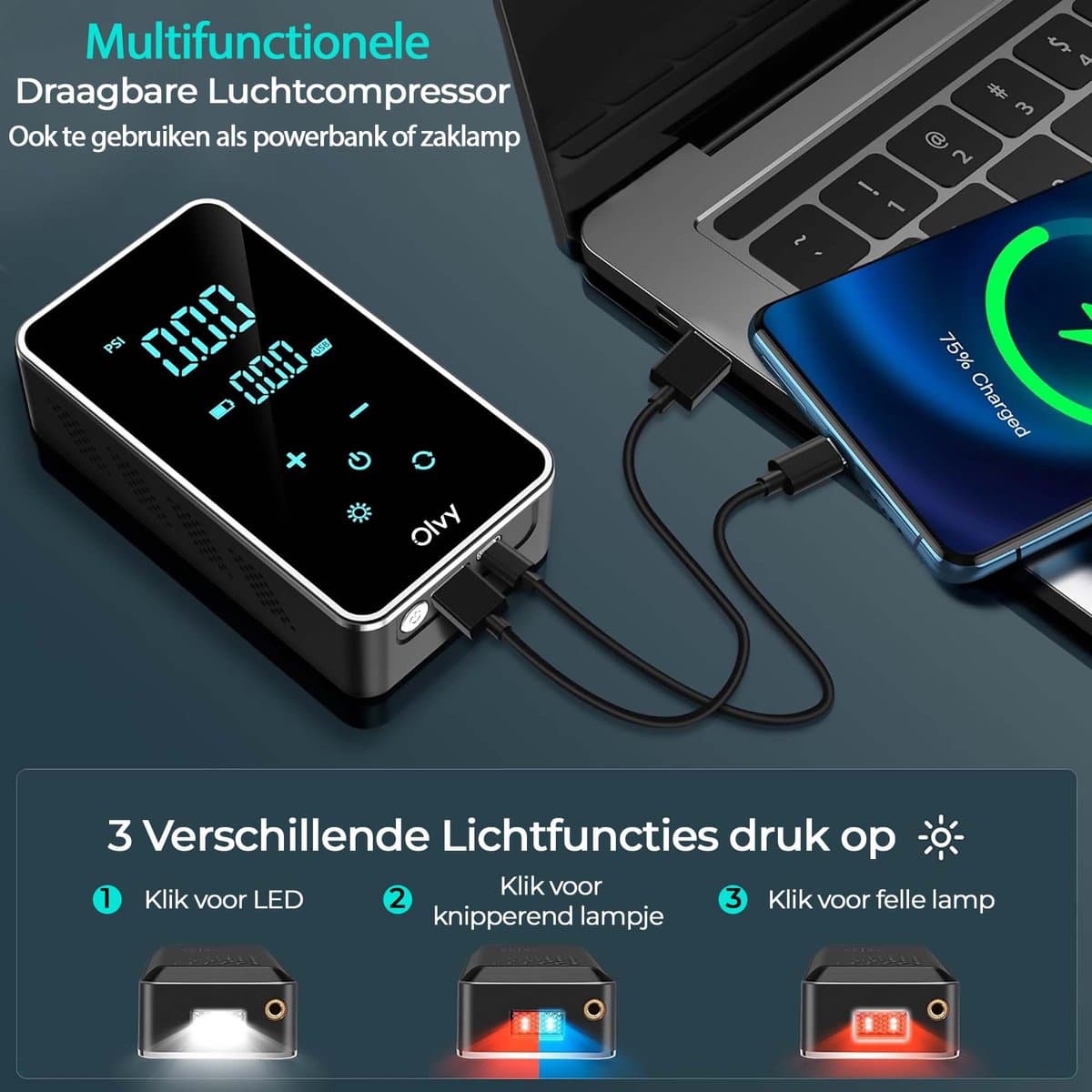 Olvy Compressor Bandenpomp - Elektrische Bandenpomp - Draagbare Luchtcompressor - 7000 mAh - Elektrische Fietspomp - Fiets/Auto/Motor/Bal/Luchtbed thumbnail 3