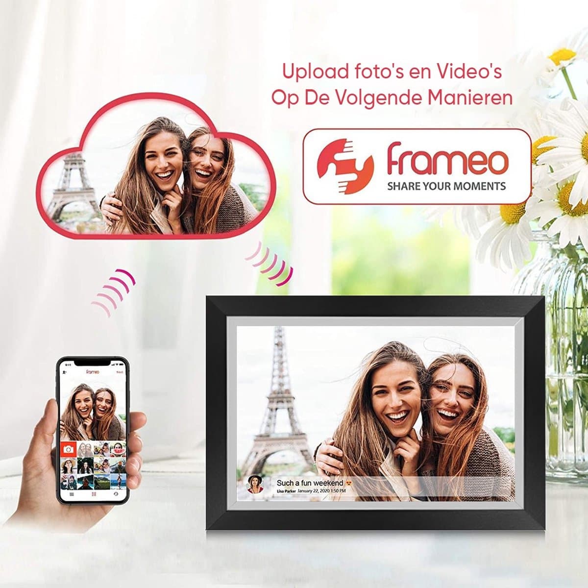 Digitale fotolijst met WiFi en Frameo App - 10.1 inch HD+ IPS Display - Fotokader met Touchscreen - 32GB - Zwart/Wit - Frameo digitale fotolijst - digitale fotokader - digitaal fotolijstje thumbnail 2