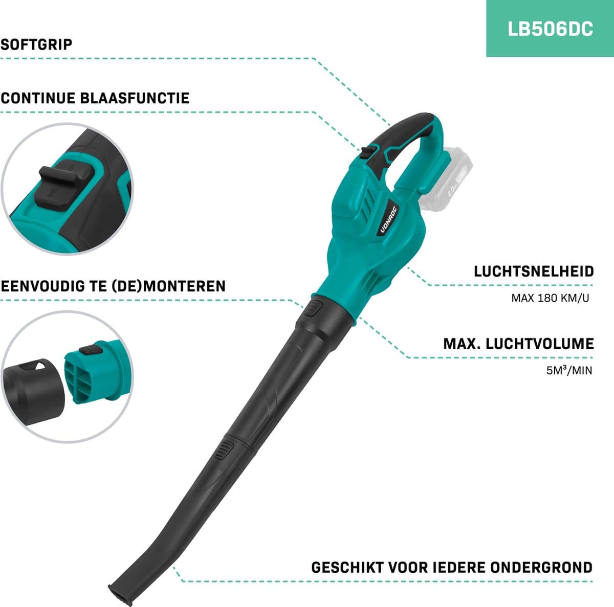 VONROC Accu Bladblazer 20V – Luchtsnelheid 180 km/u – Luchtvolume 5m3/min – Zonder accu en snellader thumbnail 2