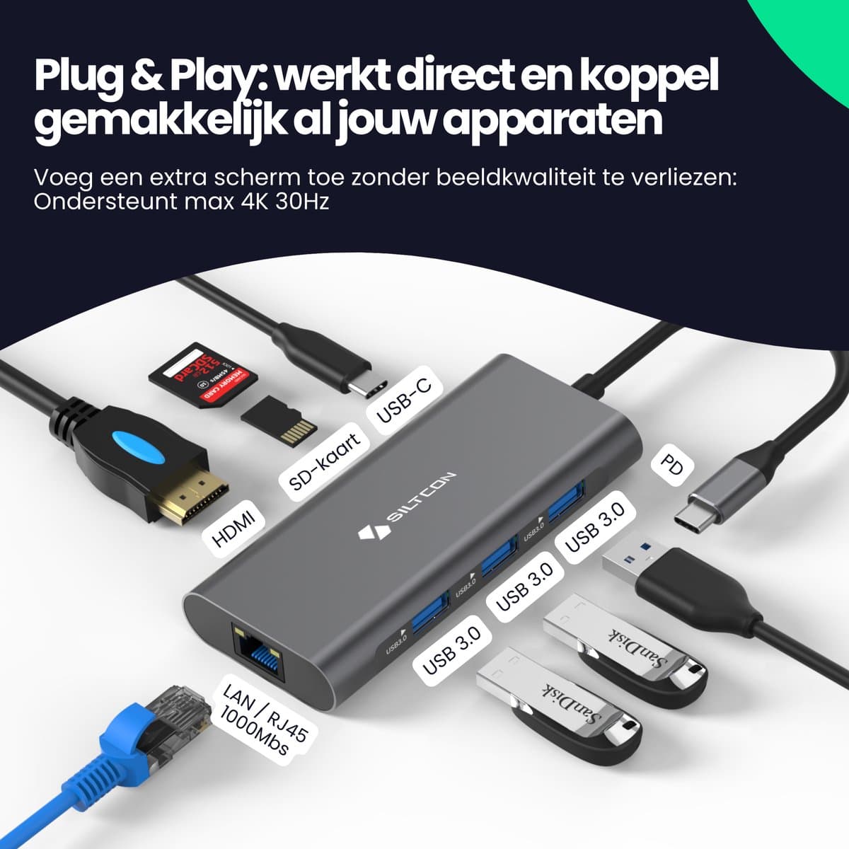 Siltcon® 8 in 1 USB C Hub – Docking Station Laptop - USB Splitter - USB C Naar HDMI – USB 3.0*3 - HDMI 4K 30Hz - RJ45 Gigabit - SD/TF - Universeel - Premium Kwaliteit - Spacegrey thumbnail 5