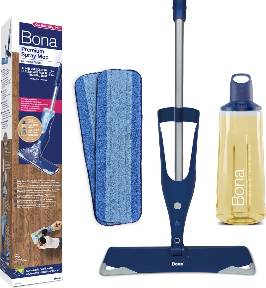 Bona Premium Spray Mop - Alles-in-1 Dweilsysteem - Vloerwisser met Spray - Inclusief Geoliede Houten Vloer Reiniger & 2 Microvezel Reinigingspads - Dweil - Streeploos - Sneldrogend