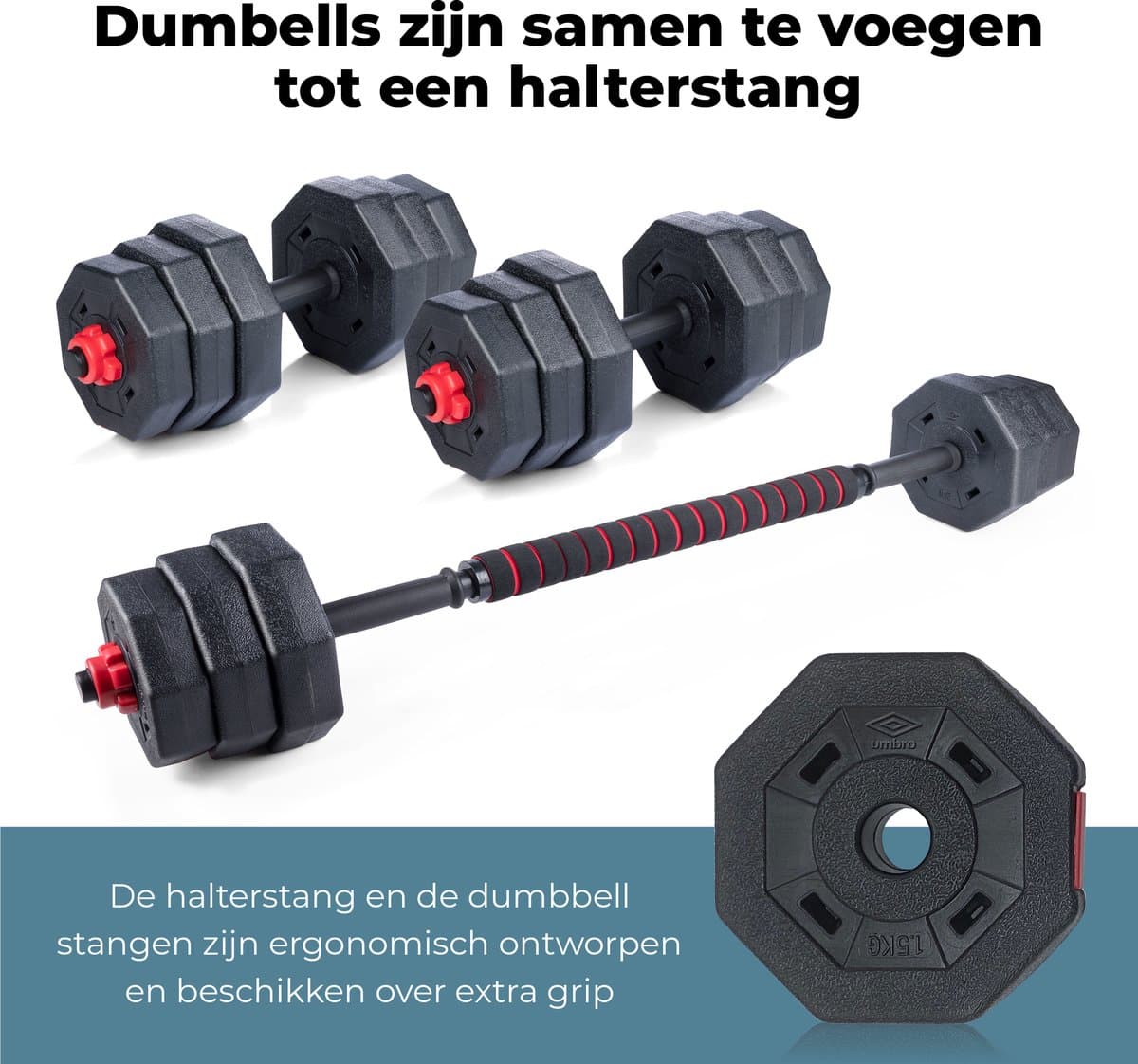 Umbro Gewichten Set met Dumbells – Dumbbell Set incl. Barbell- en Halterstang – Halterset Max. 20KG – Gewichten Schijven 1.25KG, 1.5KG en 2KG – Fitness Accessoires Krachttraining thumbnail 6