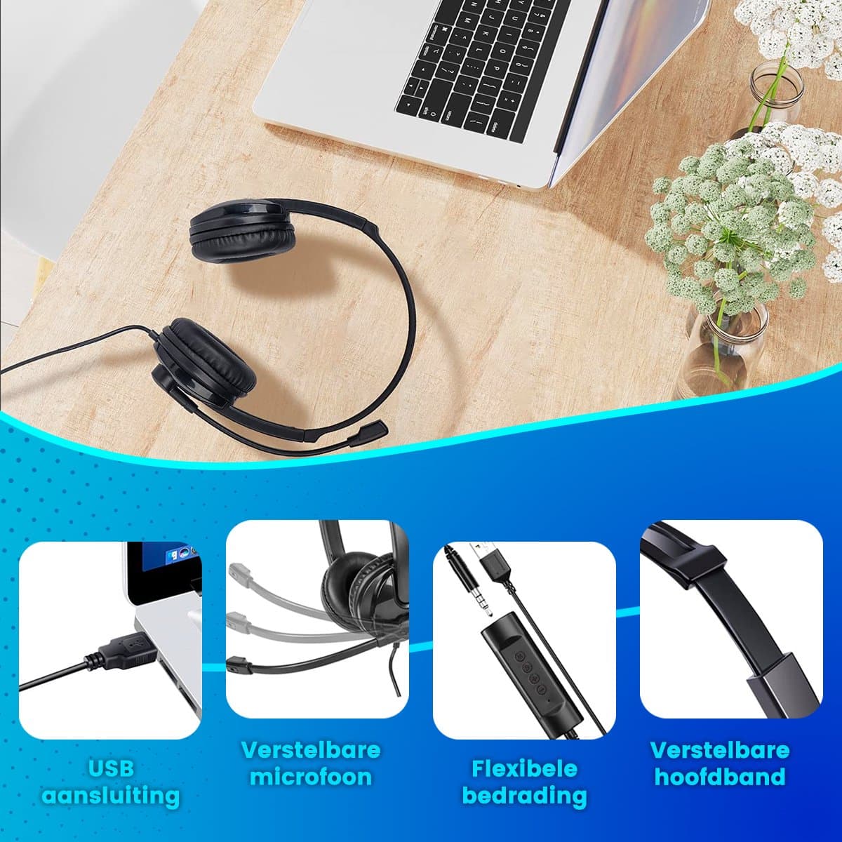 Headset met Microfoon voor Laptop en PC - Business Headset - Koptelefoon voor Video Bellen - USB thumbnail 3