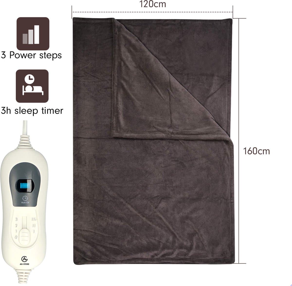 AG170 Elektrische deken - bovendeken 160x120cm - elektrisch - wasbaar -Met Timer en Overhittingsbeveliging - 3 temperatuurstanden -Bedrade Afstandsbediening - Energiezuinig -Bruin- 1-Persoons thumbnail 6