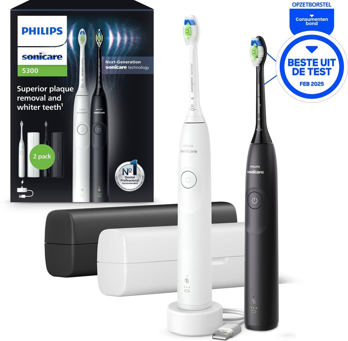 Philips Sonicare 5300 Series - Elektrische Tandenborstels - Wit & Zwart - Duopack- 2 reisetuis - Wittere tanden - HX7109/01 thumbnail 6