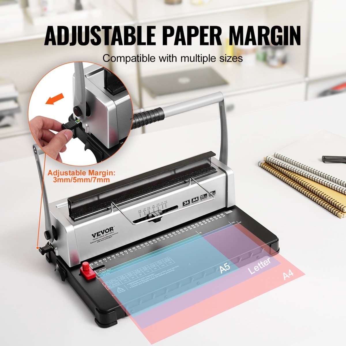 VEVOR Spiraalbindapparaat, Handmatige Bookmaker 34 Gaats Binding 120 Vellen, Punch Binder met Verstelbare 3/16 - 9/16 Inch Spiraalbindende Rug En Zijmarge, voor Letterformaat, A4, A5 thumbnail 8