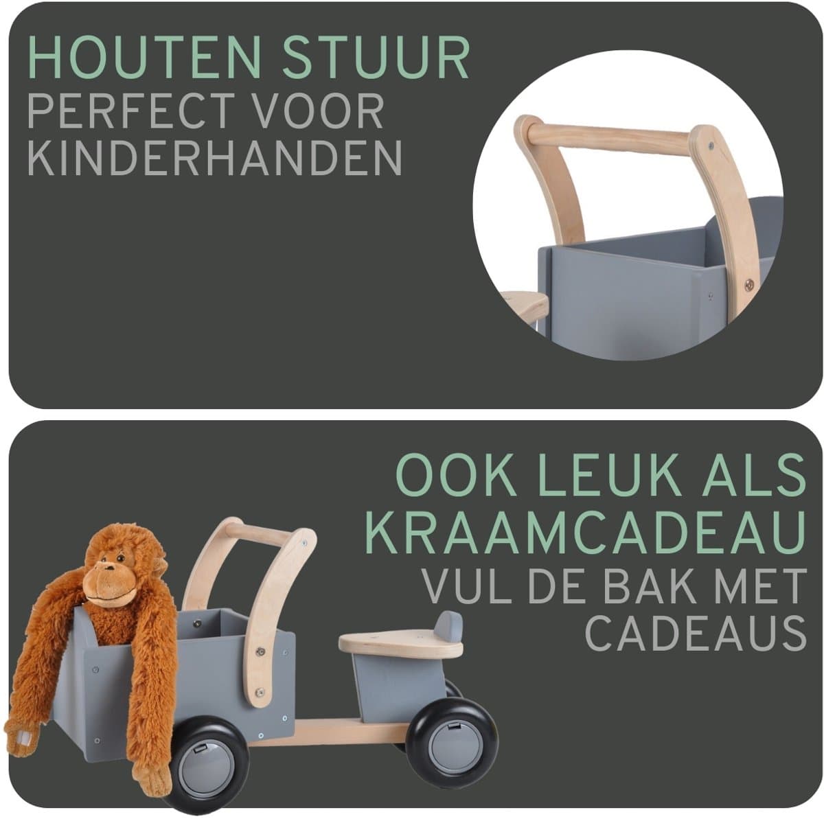 Bandits & Angels Bakfiets Loopfiets Hout Little Rider Grey vanaf 1 jaar - Voor Jongens en Meisjes - Ride-On Houten Bakfiets - Houten Loop Fiets Grijs - Geluidsarme Wielen - Kraamcadeau thumbnail 2
