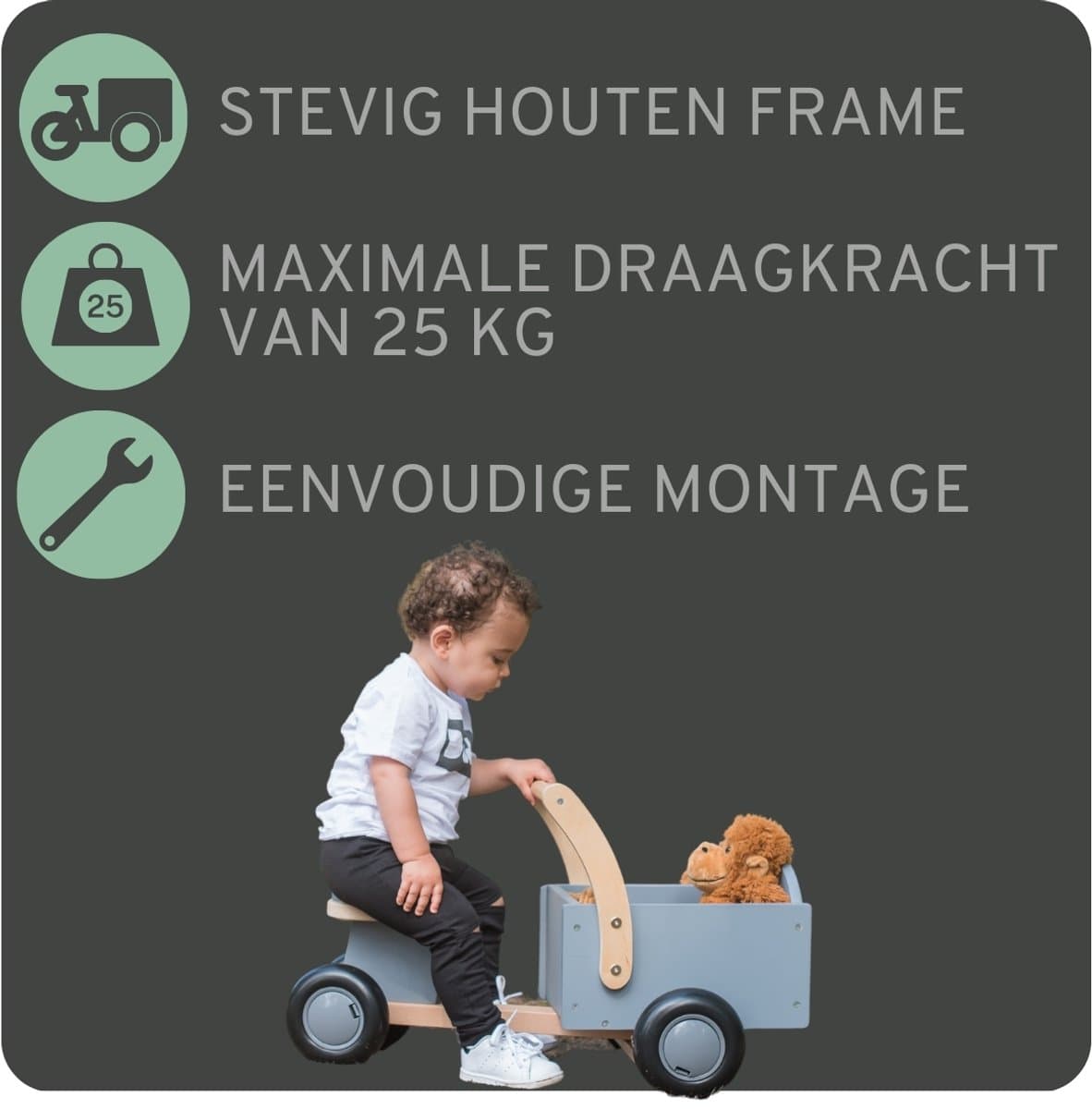 Bandits & Angels Bakfiets Loopfiets Hout Little Rider Grey vanaf 1 jaar - Voor Jongens en Meisjes - Ride-On Houten Bakfiets - Houten Loop Fiets Grijs - Geluidsarme Wielen - Kraamcadeau thumbnail 6