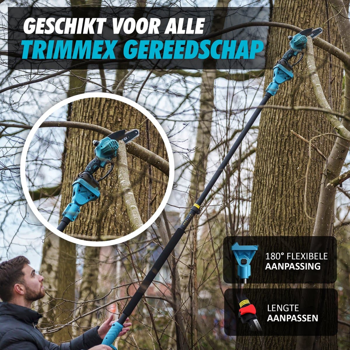 Trimmex® Mini kettingzaag + Telescopische steel - Inclusief 2 Led-Accu's - 2X 4000mAh - Elektrisch Handkettingzaag - Snoeizaag - Takkenzaag - Handzaag - Boomzaag - Automatische Kettingsmering - Brushless thumbnail 2