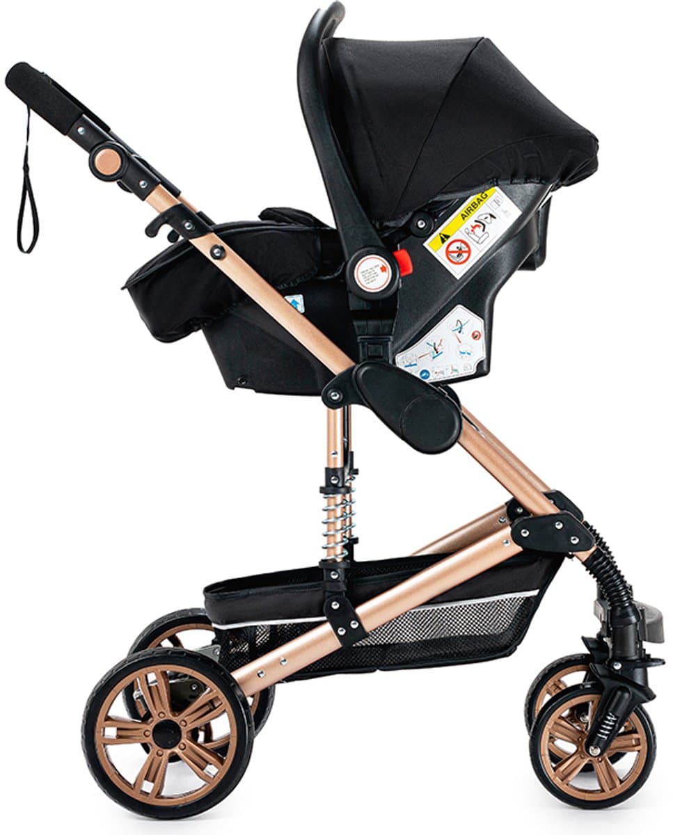 Luxe 3-in-1 Kinderwagen - Autostoeltje - Buggy - Reiswieg - Inklapbaar - 0-36 Maanden - Zwart/Goud thumbnail 2