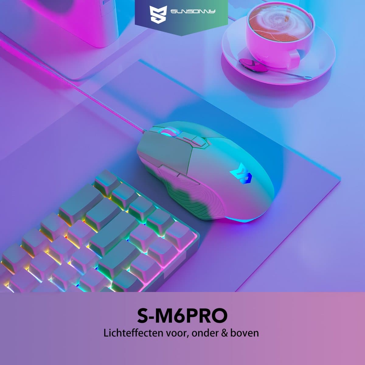 Sunsonny S-M6PRO Bedrade Gaming Muis 7200 DPI - Zwart - RGB Rechtshandige Gaming Muis