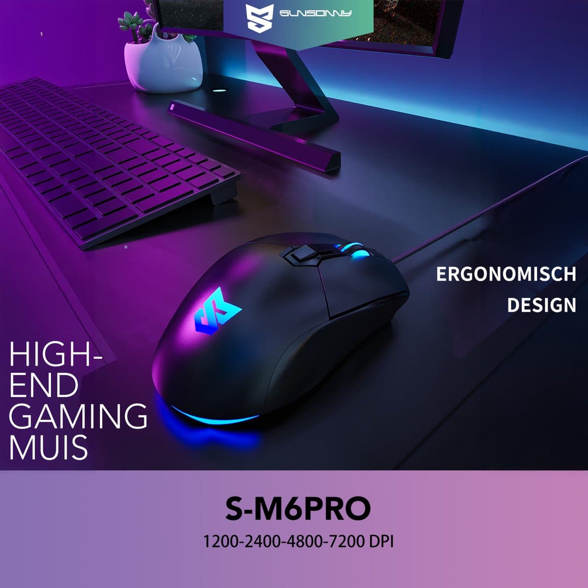 Sunsonny S-M6PRO Gaming Muis - 7200 DPI, Programmeerbaar thumbnail 3