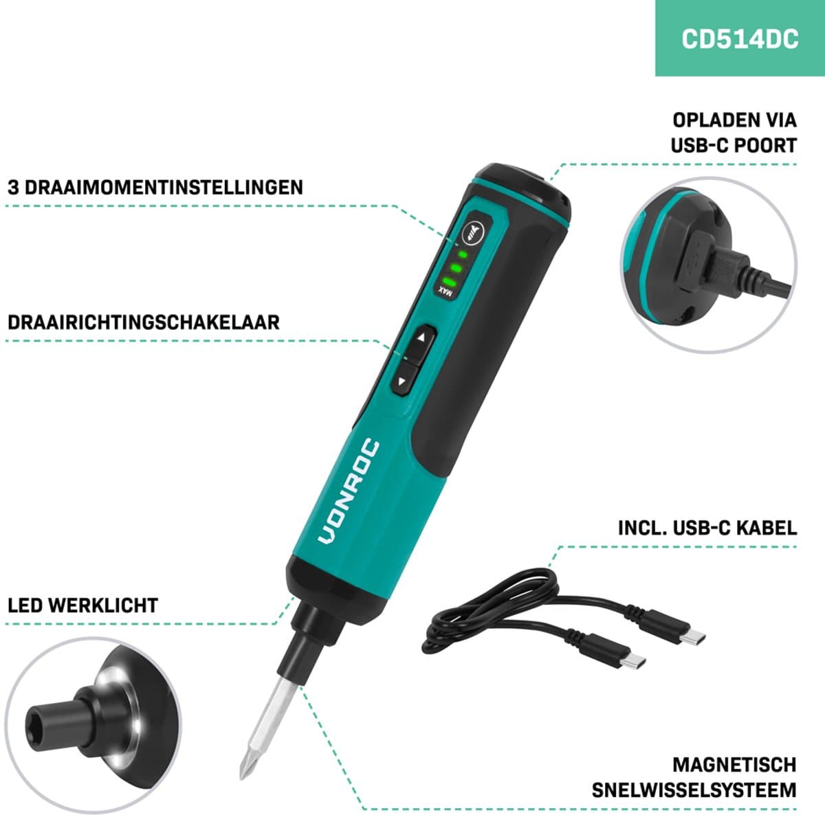 VONROC Elektrische Schroevendraaier 4V - Incl. 15-delige bitset en USB-C kabel thumbnail 4