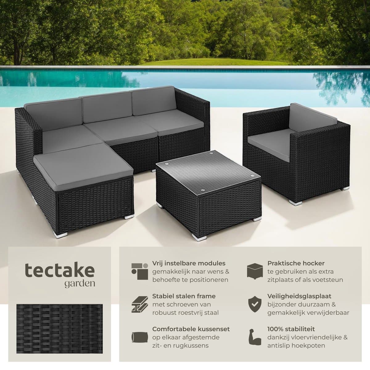 tectake® Wicker lounge - Tuinmeubelset voor buiten met bank, fauteuil, kruk en tafel - Variabel combineerbaar - Weerbestendig meubilair - Voor 4-5 personen - Balkonmeubilair - Tuinlounge - Terrasmeubilair - Zwart thumbnail 4