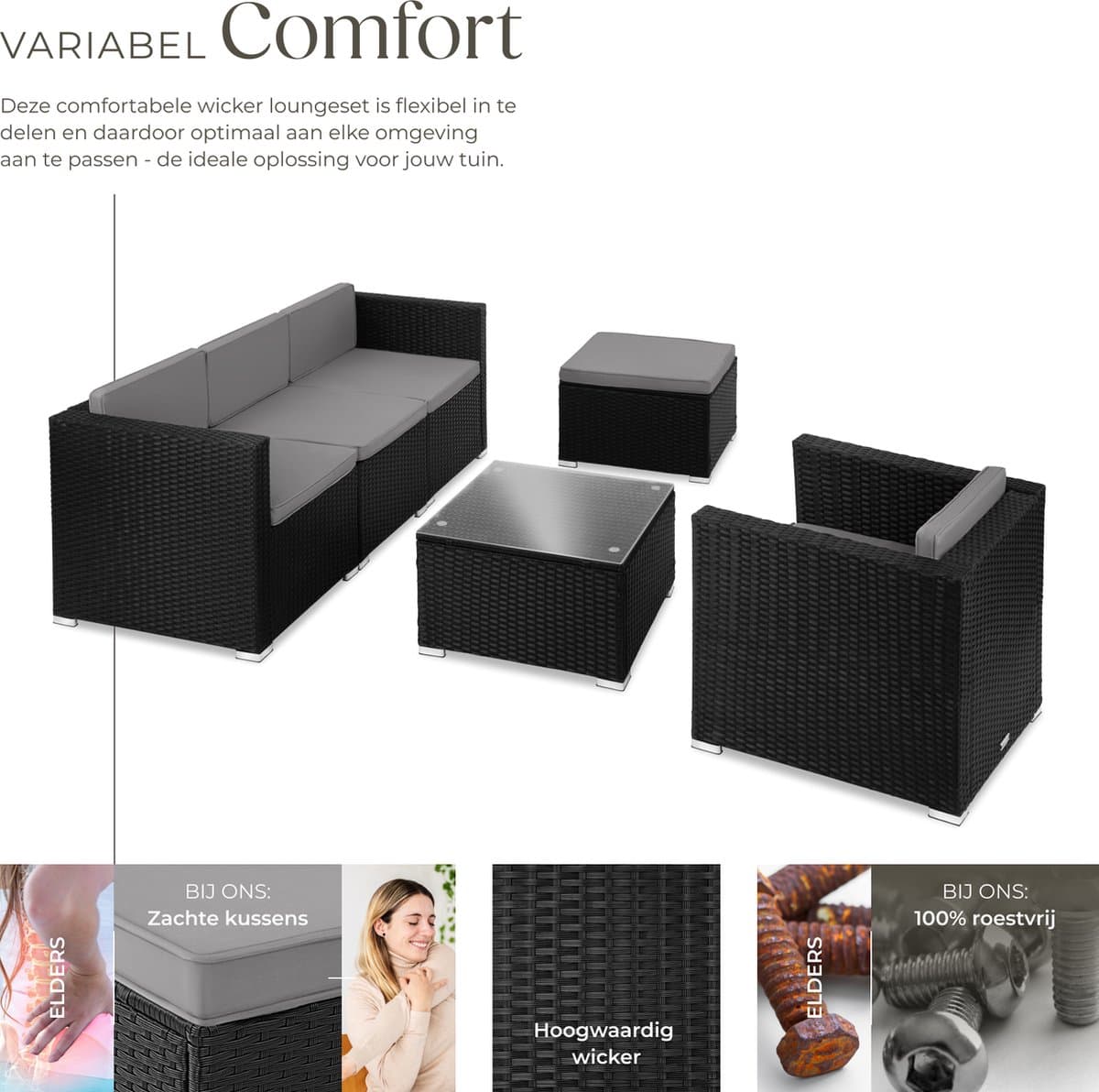 tectake® Wicker lounge - Tuinmeubelset voor buiten met bank, fauteuil, kruk en tafel - Variabel combineerbaar - Weerbestendig meubilair - Voor 4-5 personen - Balkonmeubilair - Tuinlounge - Terrasmeubilair - Zwart thumbnail 2