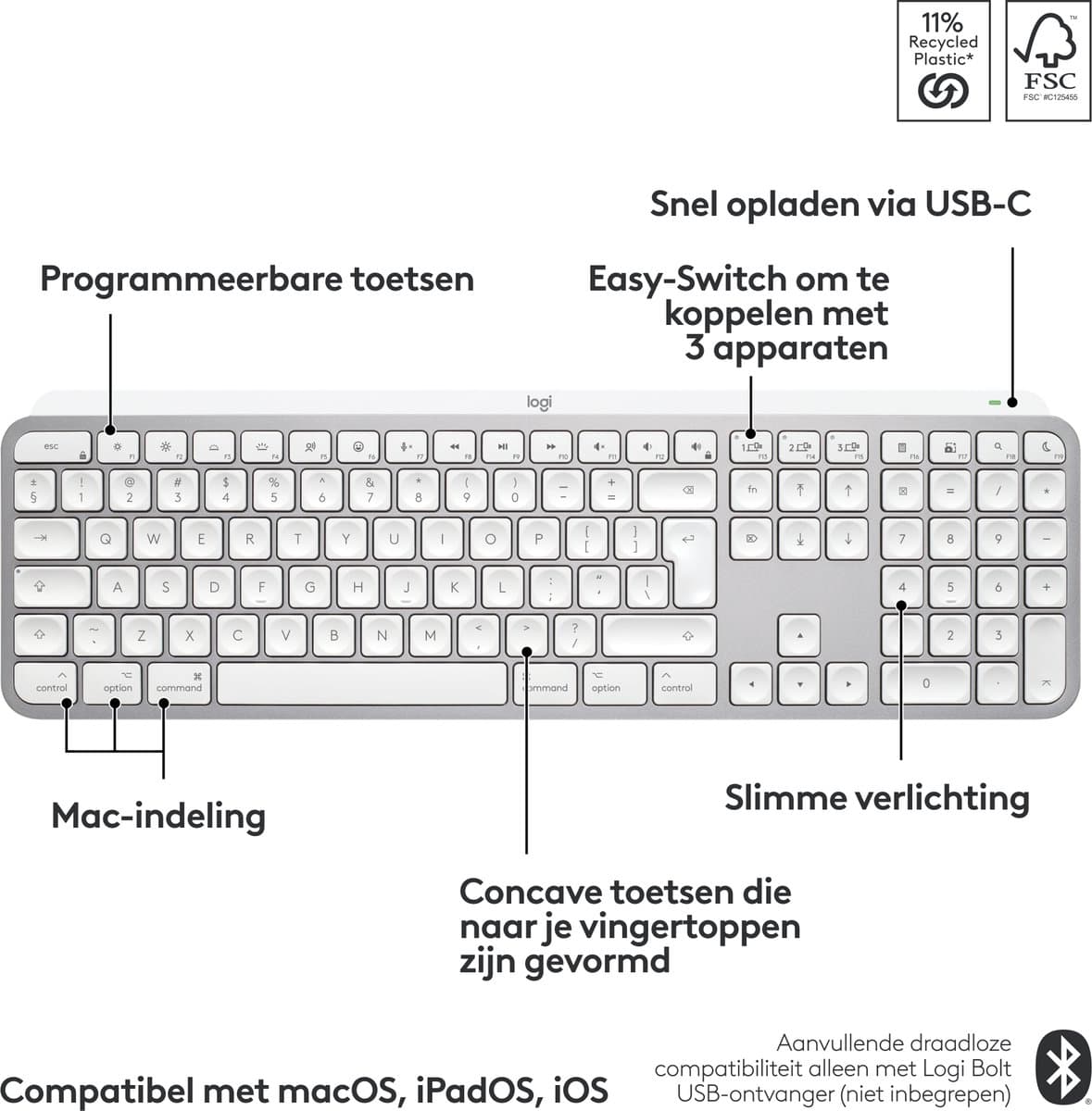 Logitech MX Keys S for Mac - Draadloos Toetsenbord - Bluetooth - Qwerty US INTL - Pale Grey thumbnail 5