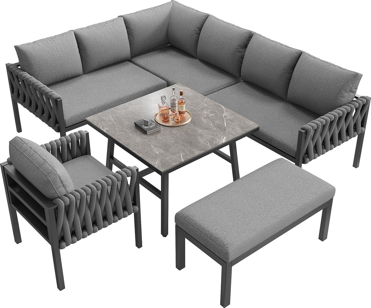 Tuinset met verzinkt ijzeren frame, grijze touw loungeset, verstelbare poten, glazen tafelblad, inclusief kussens thumbnail 8