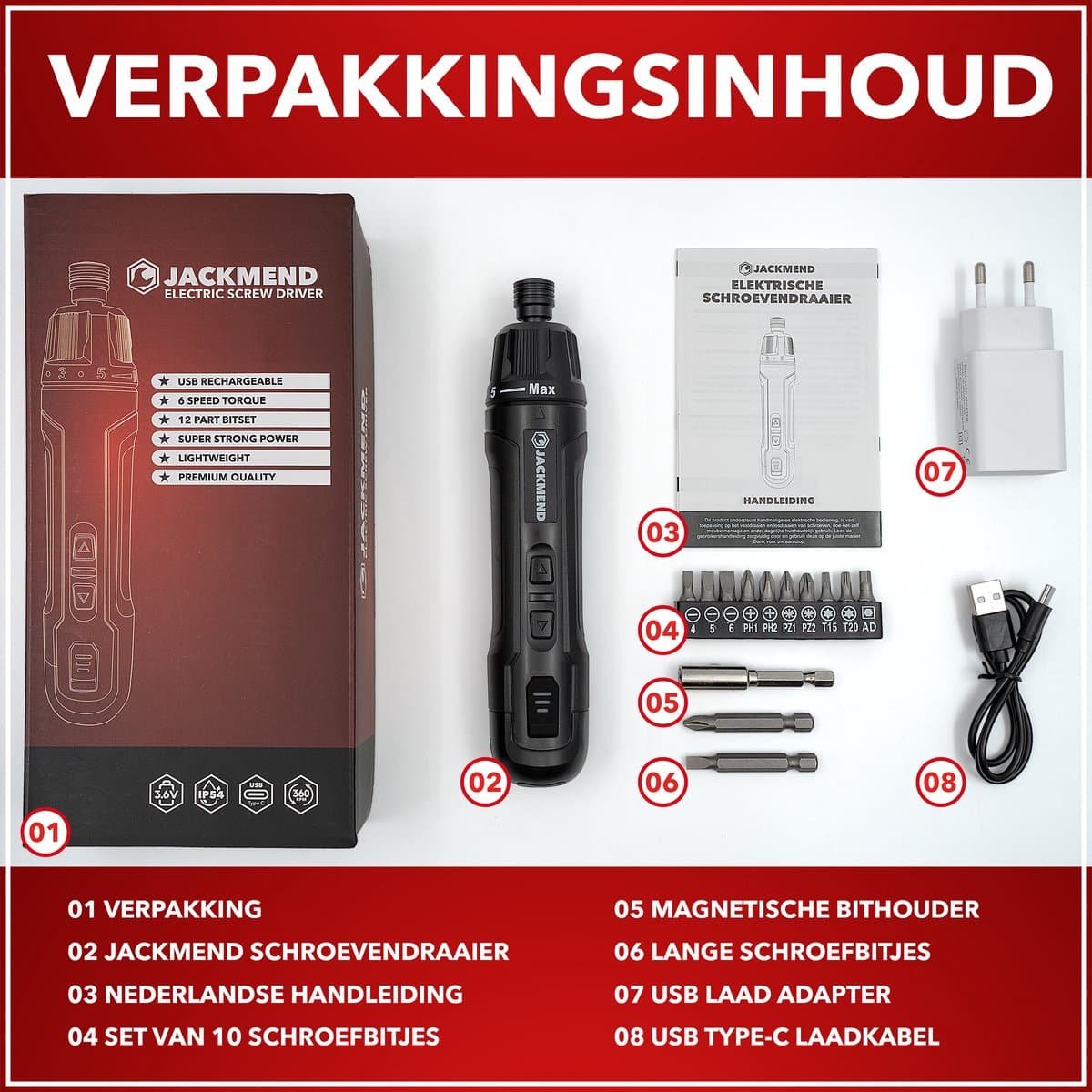 JACKMEND Accu Schroefmachine Inclusief 13-Delige Bit Set en 3.6V Lithium-Ion-Accu - Elektrische Schroevendraaier - USB-C Oplaadbaar Boormachine - 360RPM Motor - Zwart thumbnail 6