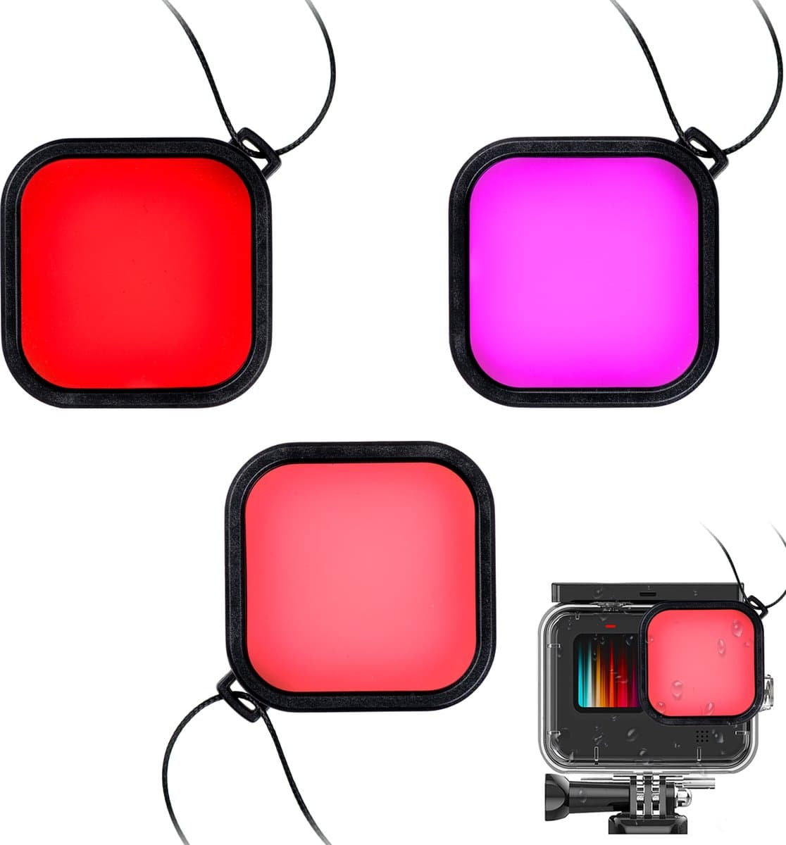 MOJOGEAR Duikfilters voor MOJOGEAR waterdichte behuizing GoPro Hero 9,10,11 en 12 - Set van 3 - Roze, rood en magenta