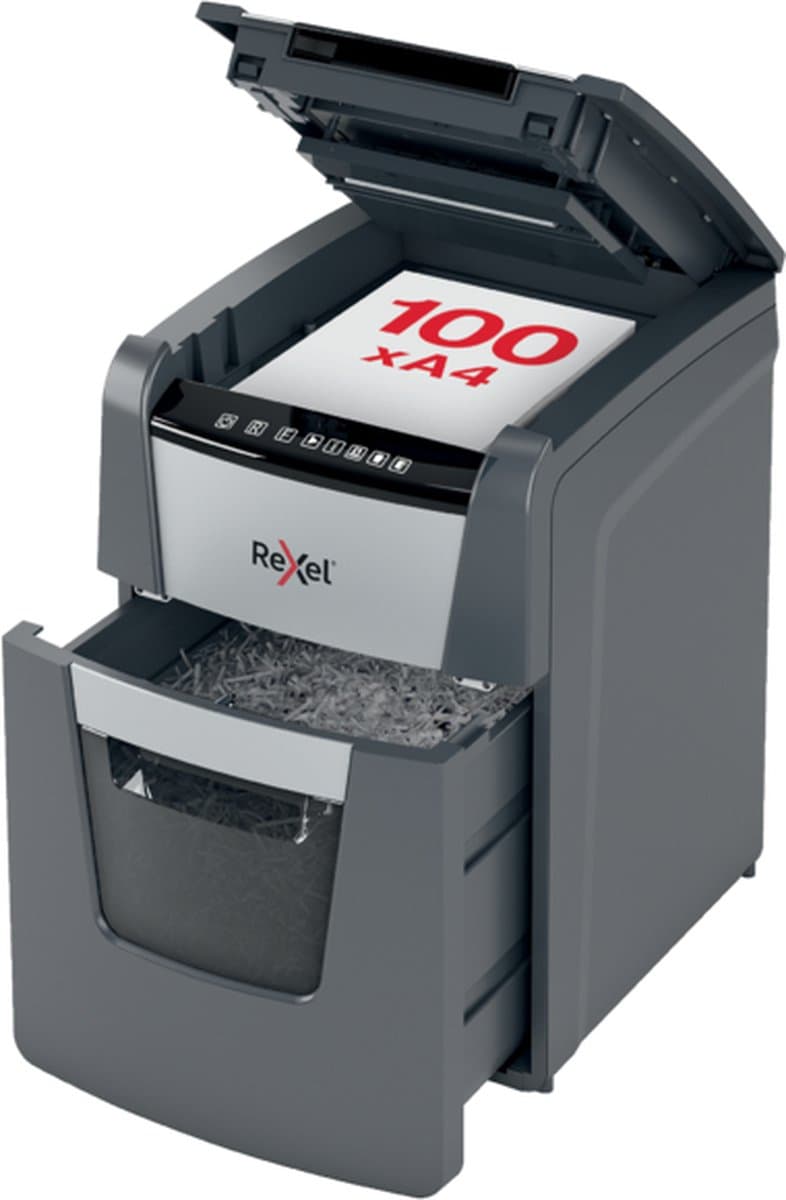 Rexel Optimum AutoFeed+ 100X Fluisterstille Papierversnipperaar - P4 Snippers - Automatische Invoer Tot 100 Vel - 34L - Zwart thumbnail 4