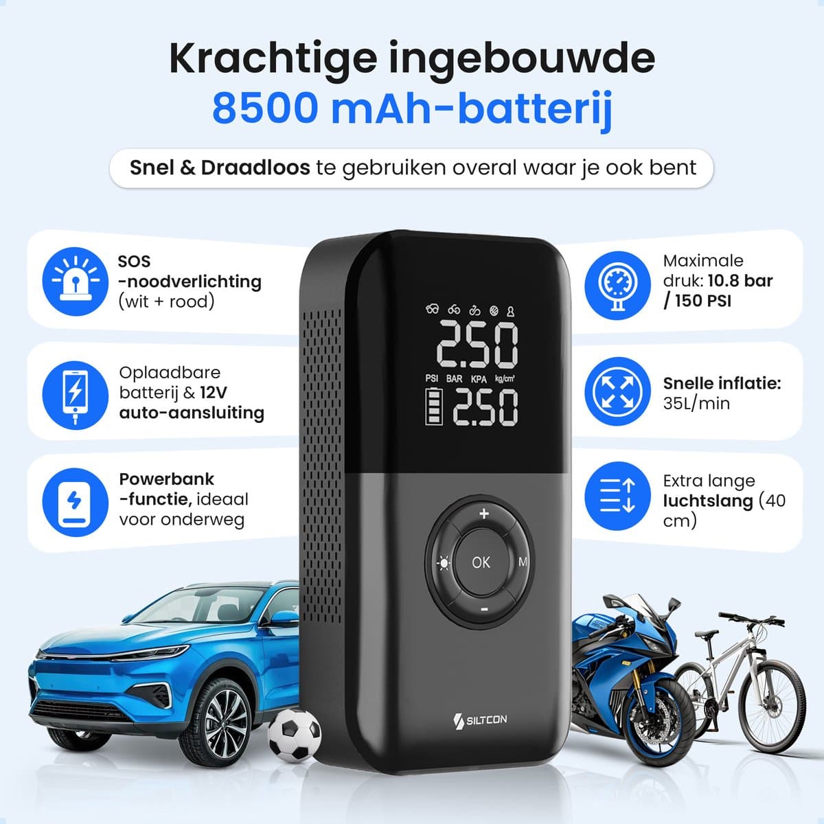 Siltcon® Elektrische Fietspomp - Luchtcompressor - Tot 10.8 Bar - 8500 mAh Powerbank - Compressor - Bandenpomp Auto - Elektrische Bandenpomp - Luchtpomp – Universeel – Oplaadbaar & 12V – 35l/min – SOS Lamp - Noodpakket - Incl. 10 Opzetstukjes en Hoes thumbnail 5