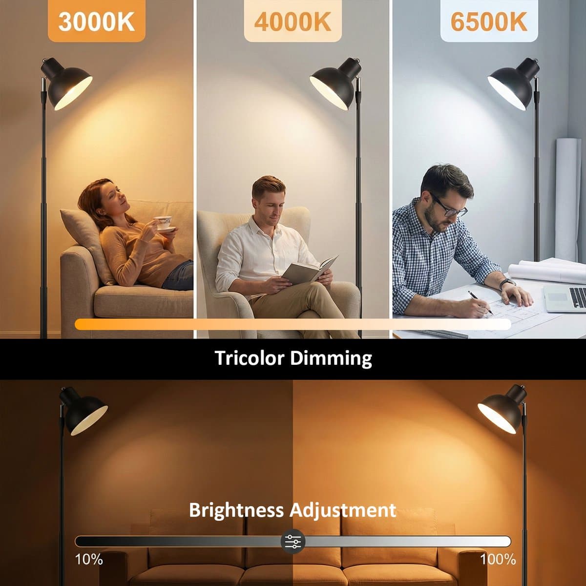 MUPOO 2-in-1 LED LED Vloerlamp zwart en Tafellamp met 150° Verstelbare Lampkop - Leeslamp Staande Hoogte Verstelbaar 45-145 cm - 3 Lichtstanden &Traploos Dimbaar - staande lamp voor Woonkamer Slaapkamer Kantoor thumbnail 3