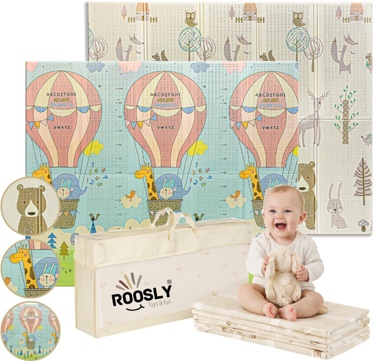 Roosly Speelmat Baby - Speelkleed Baby - Inclusief Opbergtas - babygym - kruipmat - playmat - Dubbelzijdig en opvouwbare Foam XPE 180 x 200 cm - speelgoed - Veilig & Zacht - model Balloon