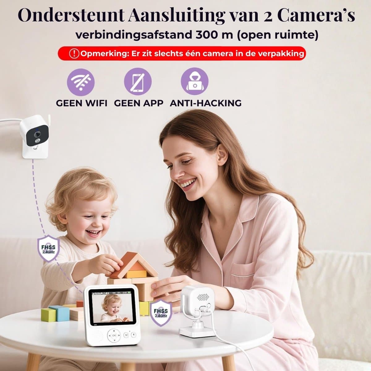 Babyfoon met camera 720p IPS-video, babyfoon zonder wifi, 2000mAh-batterij, VOX-modus, nachtzicht, temperatuuralarm, intercomfunctie, digitale zoom, 8 slaapliedjes en 5 wekkers. thumbnail 6
