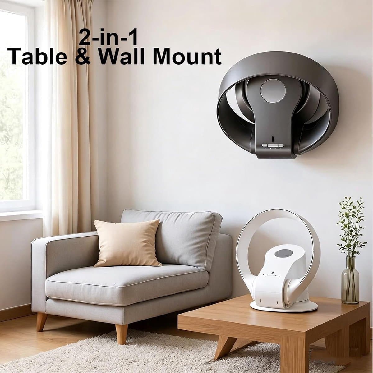Bladloze Wandventilator 14" – 9 Snelheidsstanden, 90° Oscillerend, Timer, Fluisterstil | Draagbare Tafel- & Wandventilator voor Thuis, Slaapkamer, Kantoor | Inclusief Afstandsbediening – 35W Bladloos Ontwerp (Zwart) thumbnail 3