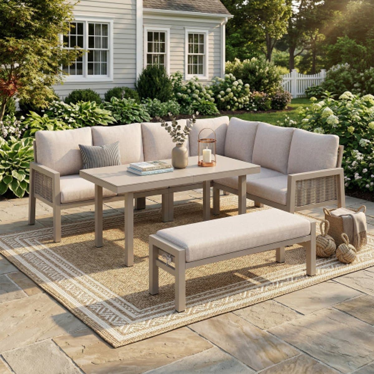 Tuinset 8 Personen met Hoekbank en Eettafel - Loungeset Tuin met Bank, Glazen Tafelblad en Gevlochten Touwdetails - Weerbestendige Tuinmeubelen - Khaki thumbnail 4