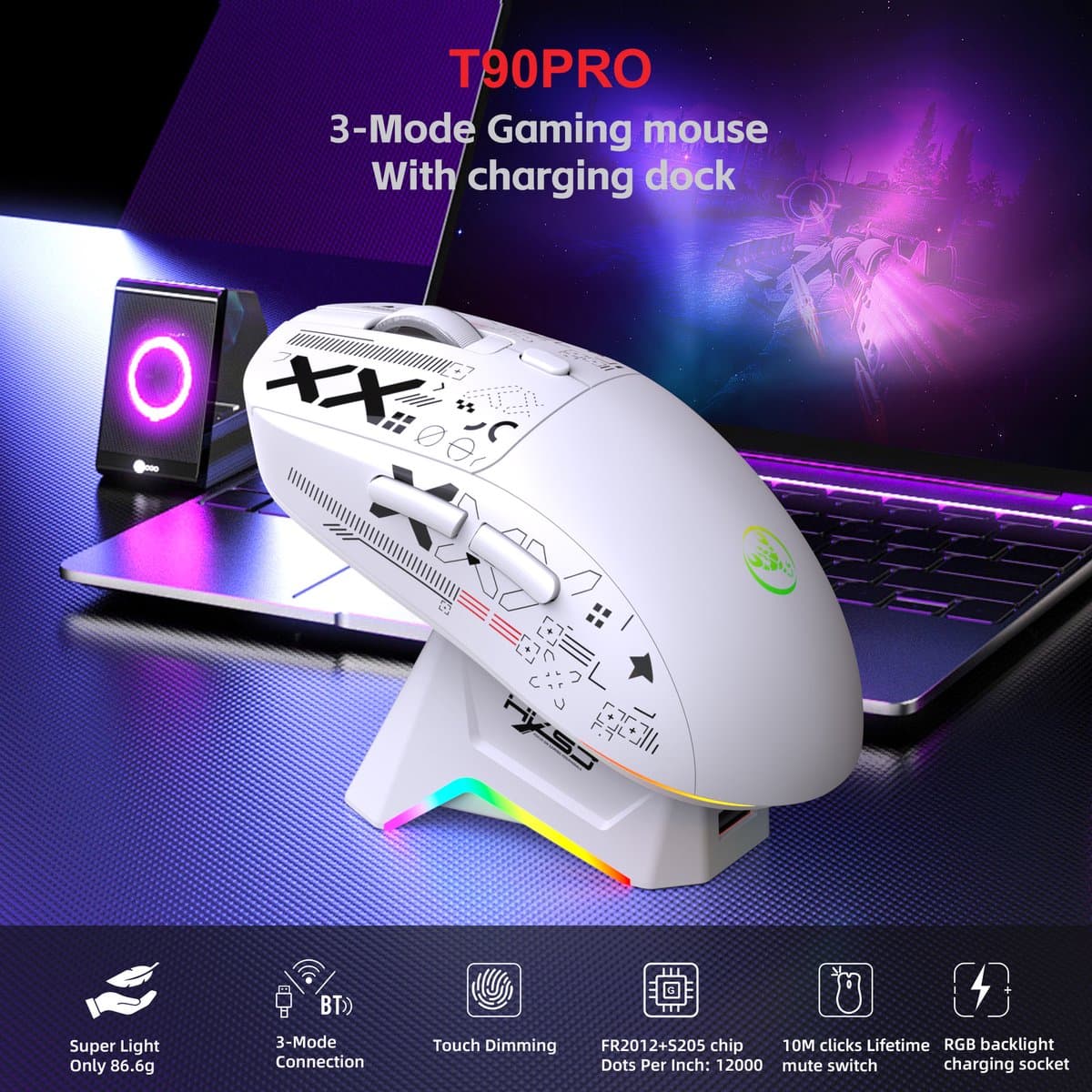 HXSJ T90 PRO Draadloze Gaming Muis – Silent Clicks – RGB – Bluetooth 5.3 & 2.4G & Bedraad – 12000 DPI – Programmeerbare Knoppen – Oplaadbaar met Dock – Wit thumbnail 3