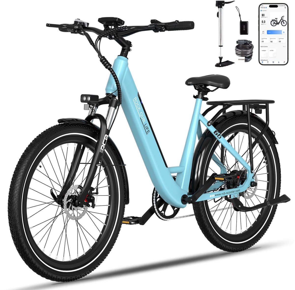 RG6 Elektrische Fiets dames, 60-80 km Trendy City Commuter EBike, 27.5 Inch, 250W, 7 versnellingen, met App en NFC,blauw