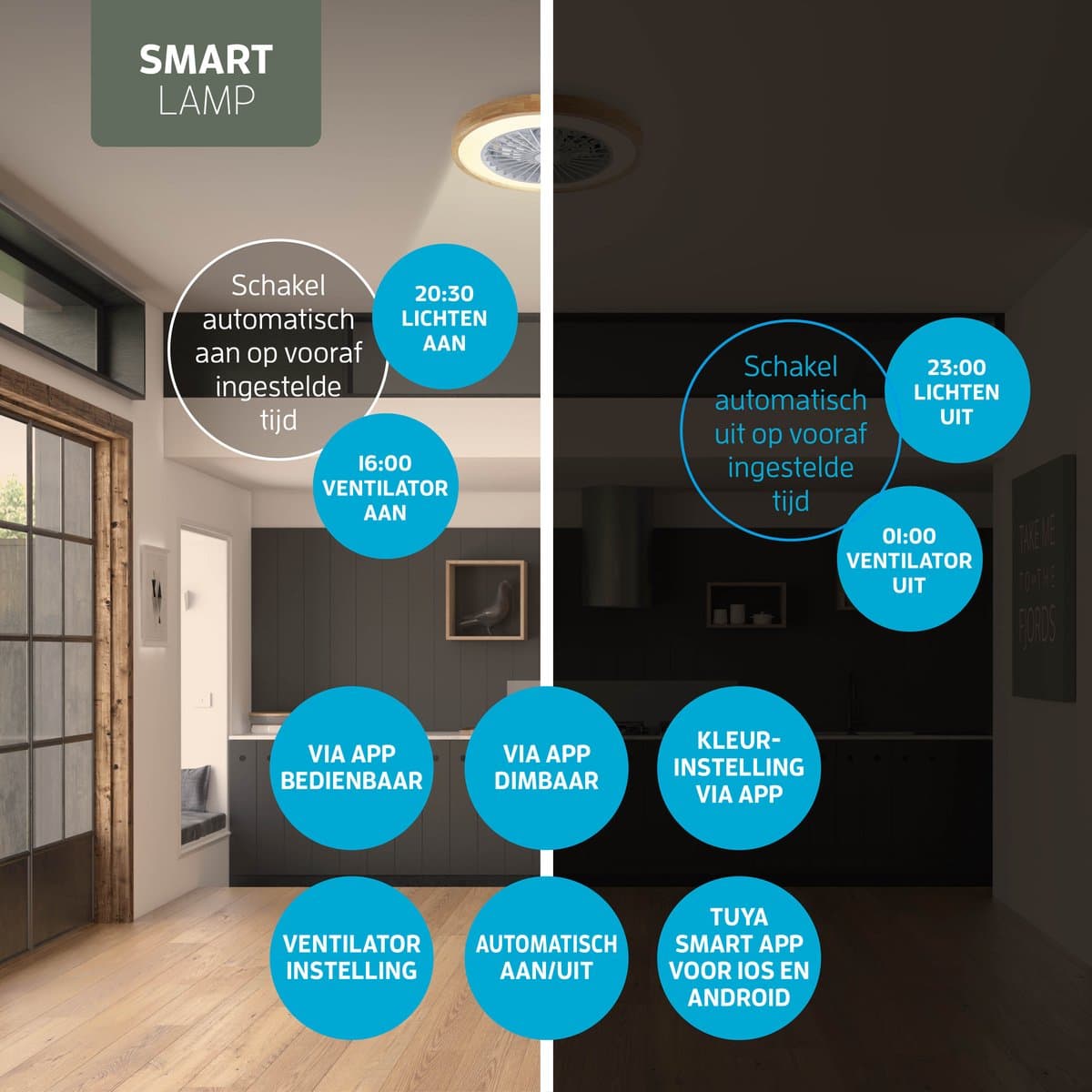 Varin® Plafondventilator met verlichting - Licht hout - Tuya Wifi - LED RGBW - Ø 50cm - Super stil - Afstandsbediening smart lamp - Plafondlamp slaapkamer - Plafonniere woonkamer - Plafondlampen - Plafond lamp - Verlichting kinderkamer - Ventilator thumbnail 3