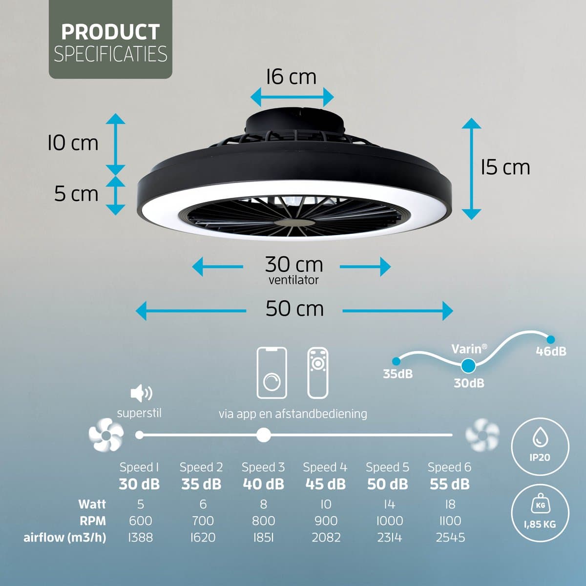 Varin® Plafondventilator met verlichting - Zwart - Tuya Wifi - LED 30W RGBW - Ø 50cm - Super stil - Afstandsbediening smart lamp - Plafondlamp slaapkamer - Plafonniere woonkamer - Plafondlampen - Plafond lamp - Verlichting kinderkamer - Ventilator thumbnail 8