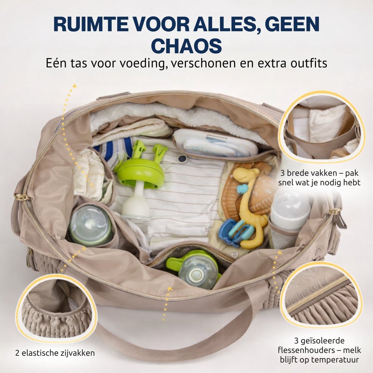 Qrenova Luiertas Groot – Inclusief verschoonmatras - Baby Verzorgingstas – 3 Draagmogelijkheden – Unisex – Beige thumbnail 2